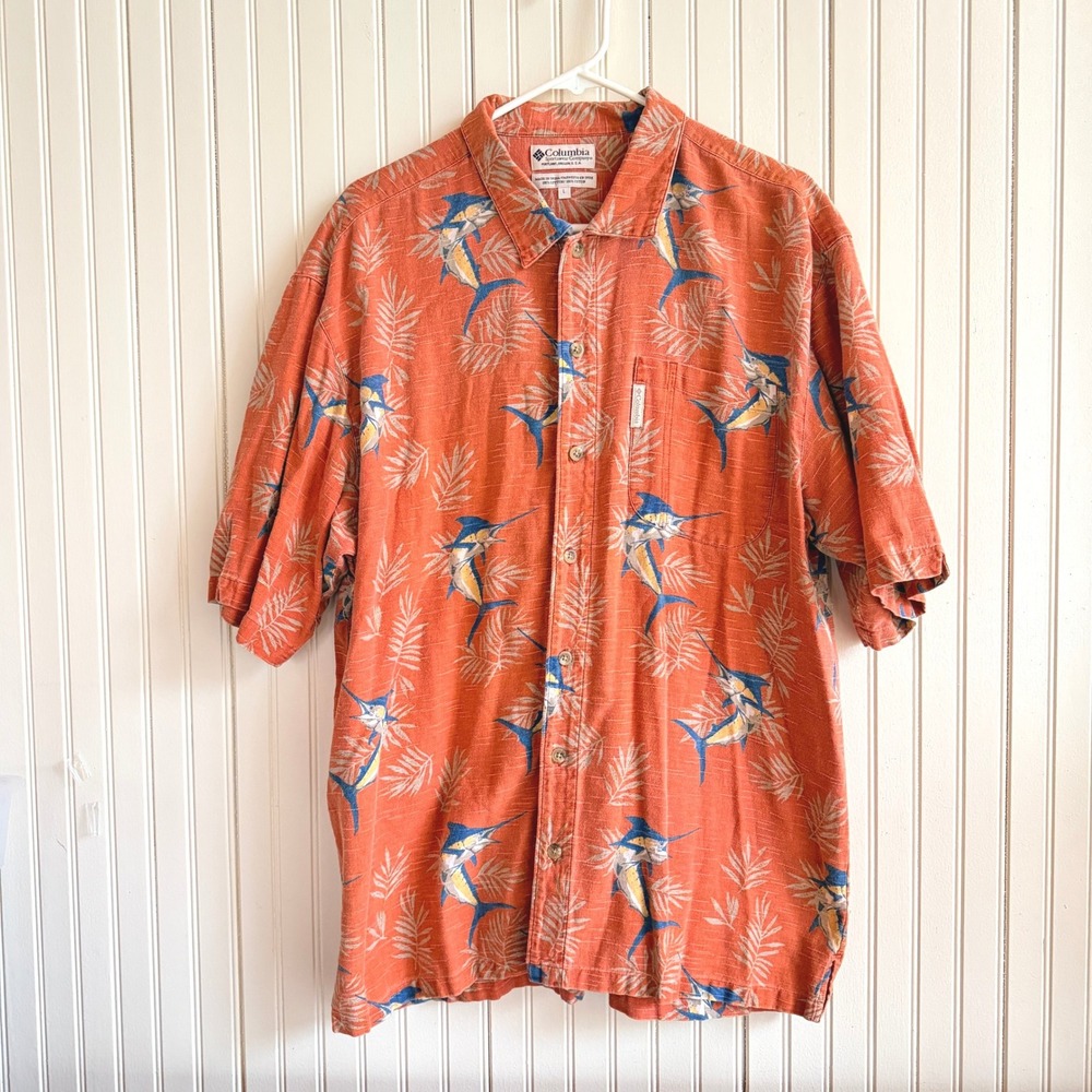 Columbia Mens Marlin Tropical Print Button-down Short‎ Sleeve Shirt Orange Large